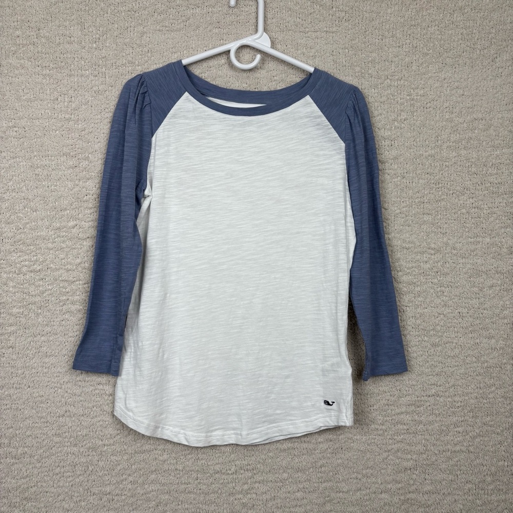 Vineyard Vines Top Womens XS White Blue 2 Toned Long Sleeve Whale Cotton Tee